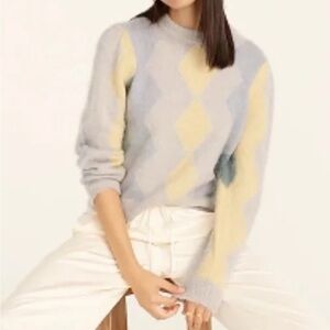 J. CREW Diamond Checked Argyle Cropped Crewneck Sweater Blue Cream Size Small